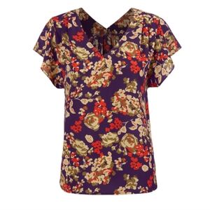 CAbi A La Mode Womens Floral V-Neck Purple Blouse, Size XL